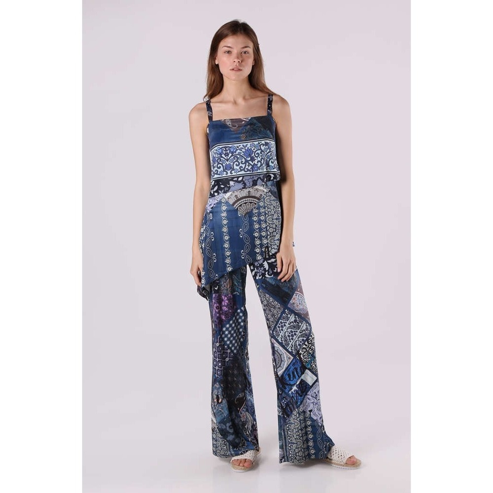 Desigual Candice Jumpsuit M Blue Floral Paisley Patchwork Artsy Bohemian Hippie
